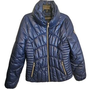 Guess Women's Puffer Jacket Quilted Coat Full Zip Dark Blue Sz XL